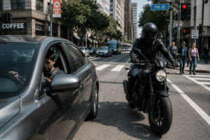 Conductor distraído usando teléfono mientras motociclista pasa cerca