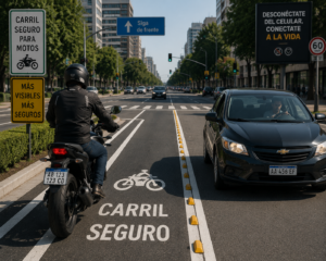 Motociclista manteniendo distancia segura de conductor distraído