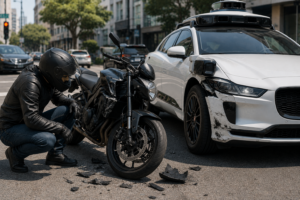 Motociclista revisando daños tras accidente autónomo