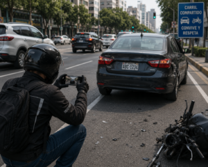 motociclista documentando accidente en carril compartido