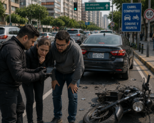 testigos revisando evidencia tras accidente en carril compartido