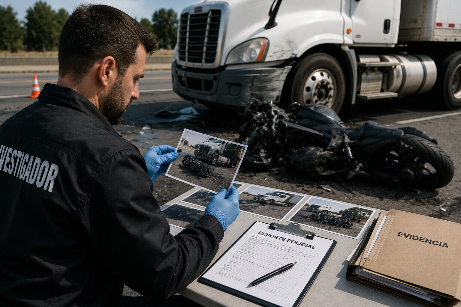 Investigador revisando fotografías, reporte policial y daños de una motocicleta después de un accidente con un camión