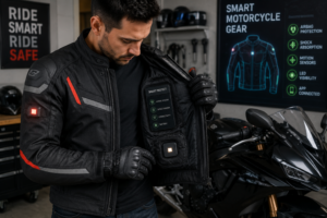 Motociclista revisando una chaqueta con protección inteligente y sensores de seguridad antes de conducir