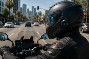 Motociclista utilizando un casco inteligente con pantalla digital y sistema de comunicación mientras conduce por una carretera urbana