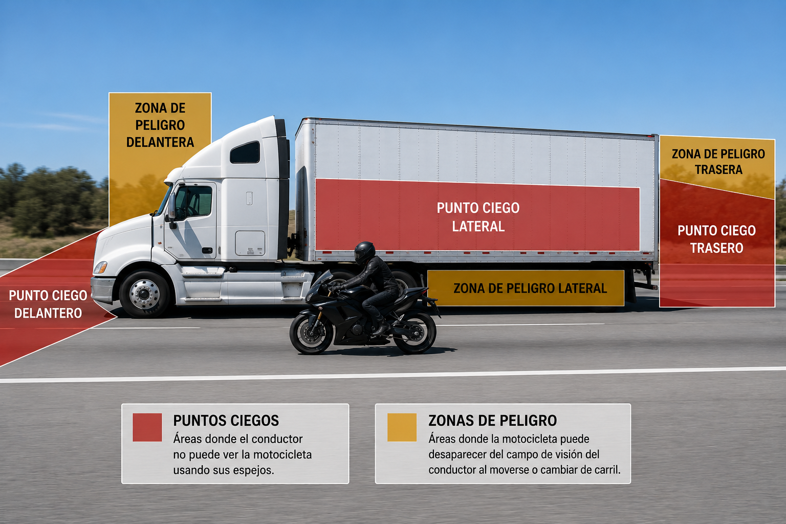Vista lateral de un camión comercial grande con zonas de peligro alrededor mientras una motocicleta circula cerca en carretera