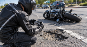 Motociclista tomando fotografías de un bache y daños en la carretera después de un accidente