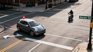 automóvil girando a la izquierda frente a una motocicleta en una intersección